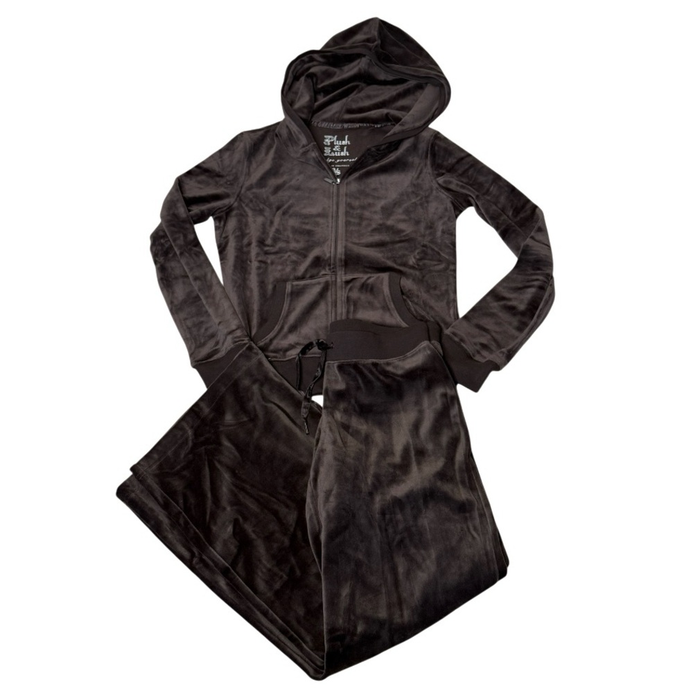 Plush & Lush Soft Velour Tracksuit Set - Brown - Hoodie (M) + Pants (S) Y2K Vibe